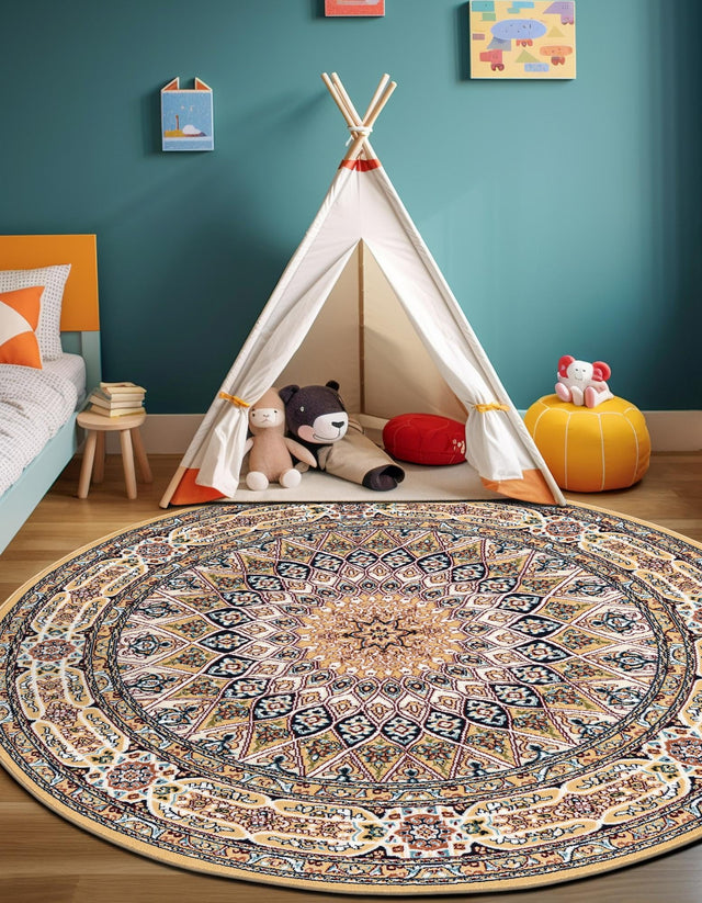 Beige 5' 3 x 5' 3 Narenj Round Area Rug 85% Polypropylene & 15% Polyester Traditional Classic Carpet for Living, Dining, Bedrooms, Office for Sale at Rug Engine