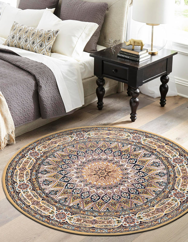 Beige 5' 3 x 5' 3 Narenj Round Area Rug 85% Polypropylene & 15% Polyester Traditional Classic Carpet for Living, Dining, Bedrooms, Office for Sale at Rug Engine