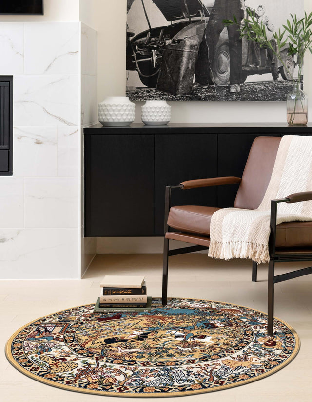 Tan 5' 3 x 5' 3 Narenj Round Area Rug 85% Polypropylene & 15% Polyester Traditional Classic Carpet for Living, Dining, Bedrooms, Office for Sale at Rug Engine