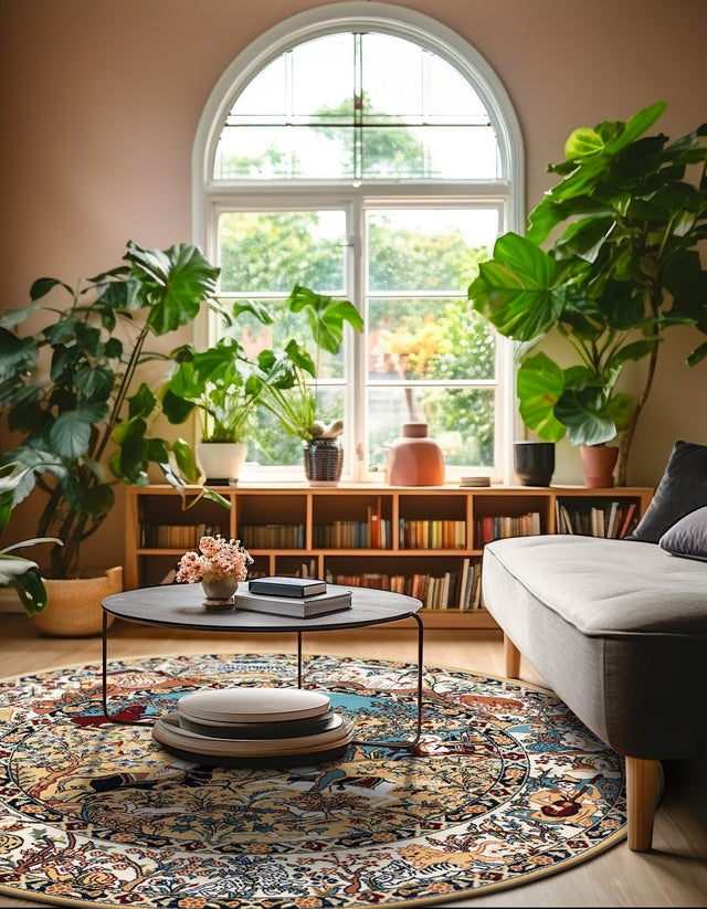 Tan 5' 3 x 5' 3 Narenj Round Area Rug 85% Polypropylene & 15% Polyester Traditional Classic Carpet for Living, Dining, Bedrooms, Office for Sale at Rug Engine