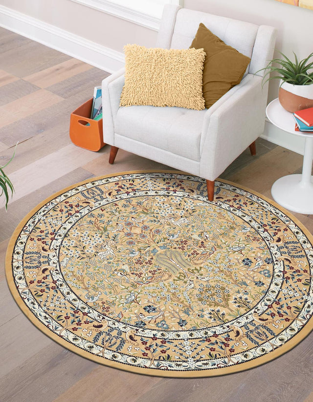 Beige 5' 3 x 5' 3 Narenj Round Area Rug 85% Polypropylene & 15% Polyester Traditional Classic Carpet for Living, Dining, Bedrooms, Office for Sale at Rug Engine