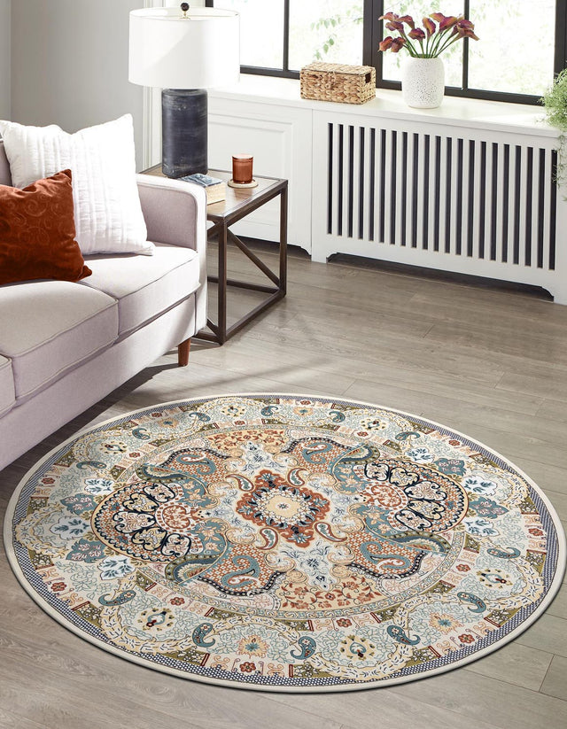 Ivory 5' 3 x 5' 3 Narenj Round Area Rug 85% Polypropylene & 15% Polyester Traditional Classic Carpet for Living, Dining, Bedrooms, Office for Sale at Rug Engine