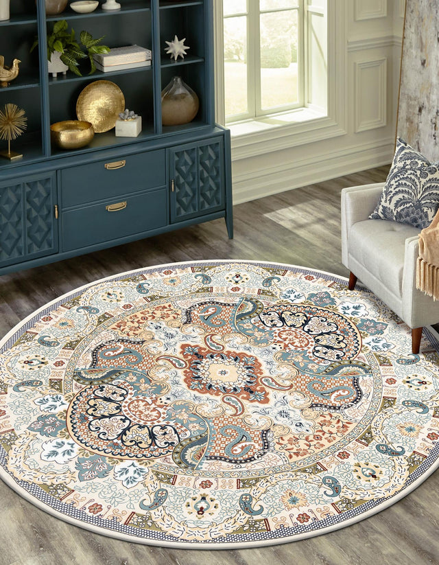Ivory 5' 3 x 5' 3 Narenj Round Area Rug 85% Polypropylene & 15% Polyester Traditional Classic Carpet for Living, Dining, Bedrooms, Office for Sale at Rug Engine