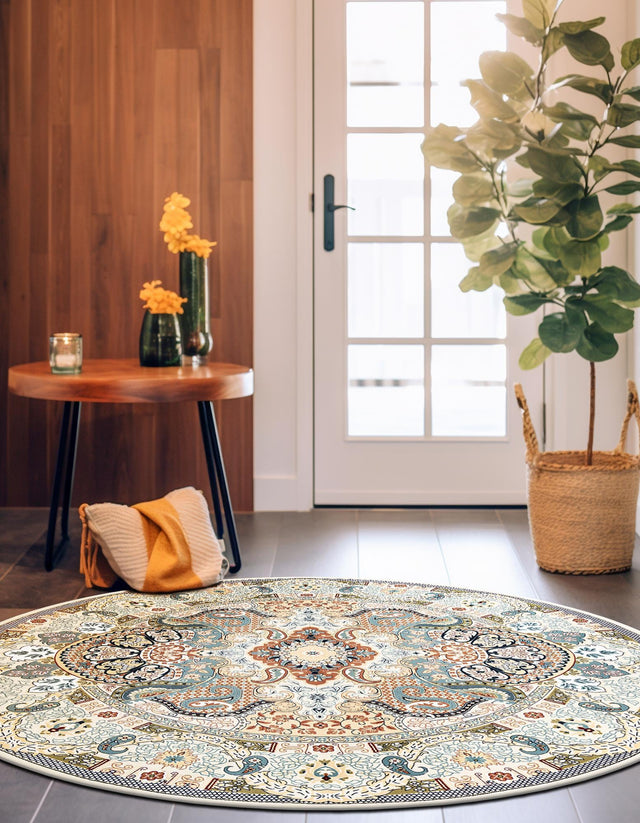 Ivory 5' 3 x 5' 3 Narenj Round Area Rug 85% Polypropylene & 15% Polyester Traditional Classic Carpet for Living, Dining, Bedrooms, Office for Sale at Rug Engine