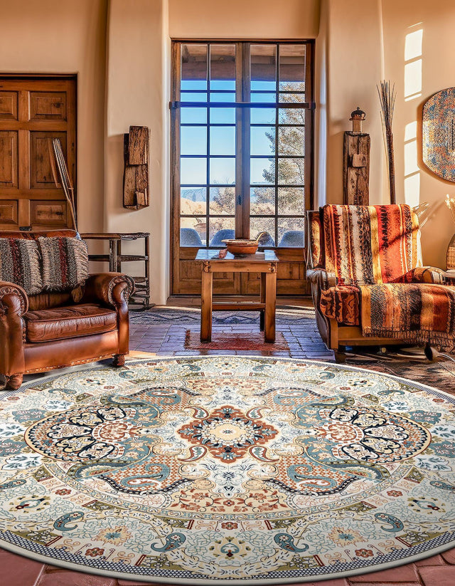 Ivory 5' 3 x 5' 3 Narenj Round Area Rug 85% Polypropylene & 15% Polyester Traditional Classic Carpet for Living, Dining, Bedrooms, Office for Sale at Rug Engine