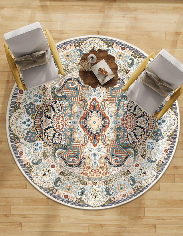 Ivory 5' 3 x 5' 3 Narenj Round Area Rug 85% Polypropylene & 15% Polyester Traditional Classic Carpet for Living, Dining, Bedrooms, Office for Sale at Rug Engine