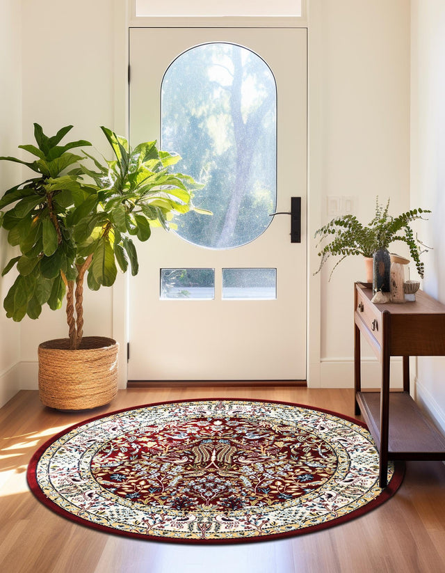 Burgundy 5' 3 x 5' 3 Narenj Round Area Rug 85% Polypropylene & 15% Polyester Traditional Classic Carpet for Living, Dining, Bedrooms, Office for Sale at Rug Engine
