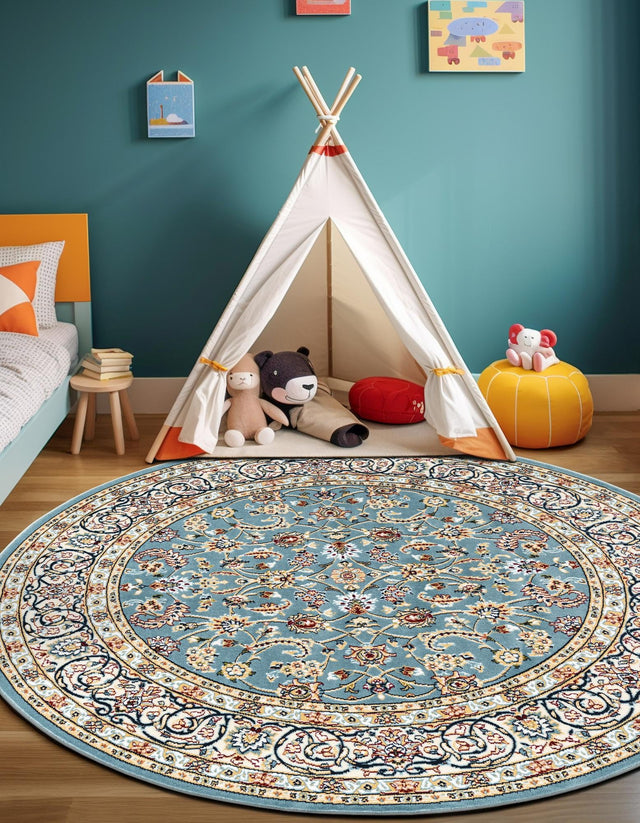 Blue 5' 3 x 5' 3 Narenj Round Area Rug 85% Polypropylene & 15% Polyester Traditional Classic Carpet for Living, Dining, Bedrooms, Office for Sale at Rug Engine