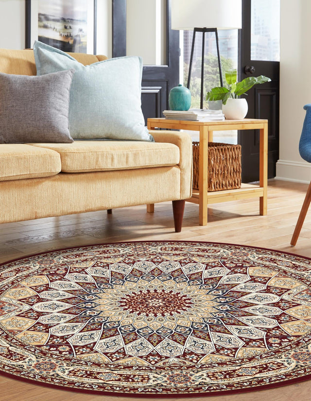 Burgundy 5' 3 x 5' 3 Narenj Round Area Rug 85% Polypropylene & 15% Polyester Traditional Classic Carpet for Living, Dining, Bedrooms, Office for Sale at Rug Engine