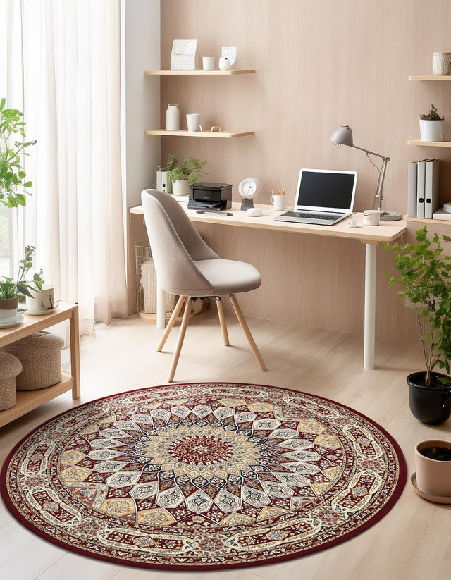 Burgundy 5' 3 x 5' 3 Narenj Round Area Rug 85% Polypropylene & 15% Polyester Traditional Classic Carpet for Living, Dining, Bedrooms, Office for Sale at Rug Engine