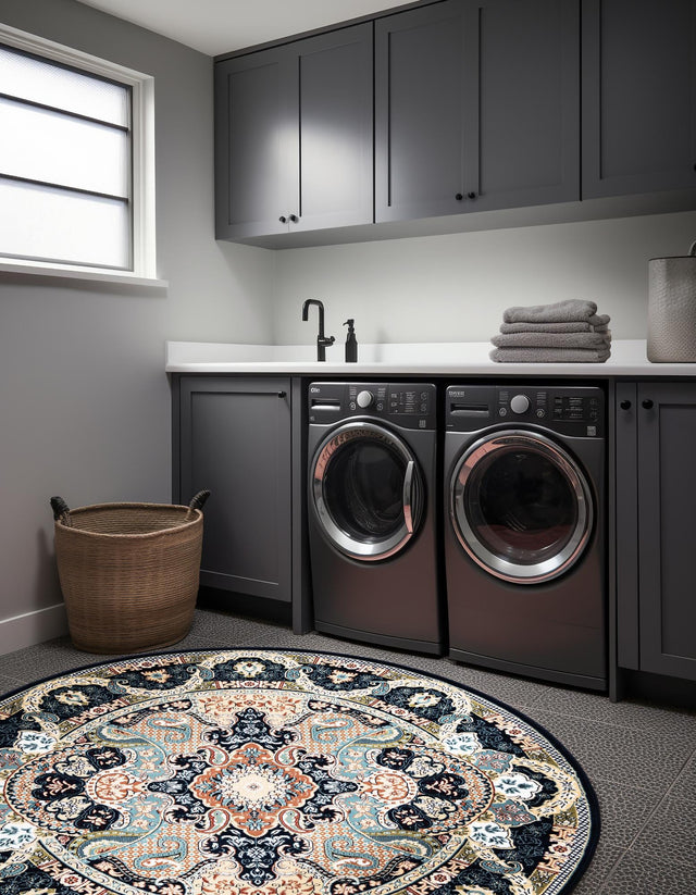 Navy Blue 6' 1 x 6' 1 Narenj Round Area Rug 85% Polypropylene & 15% Polyester Traditional Classic Carpet for Living, Dining, Bedrooms, Office for Sale at Rug Engine