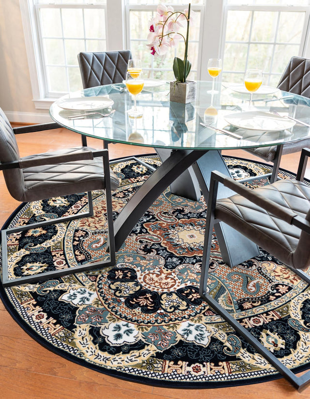 Navy Blue 5' 3 x 5' 3 Narenj Round Area Rug 85% Polypropylene & 15% Polyester Traditional Classic Carpet for Living, Dining, Bedrooms, Office for Sale at Rug Engine