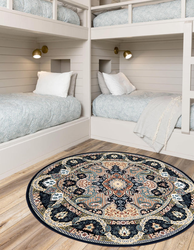 Navy Blue 7' 10 x 7' 10 Narenj Round Area Rug 85% Polypropylene & 15% Polyester Traditional Classic Carpet for Living, Dining, Bedrooms, Office for Sale at Rug Engine