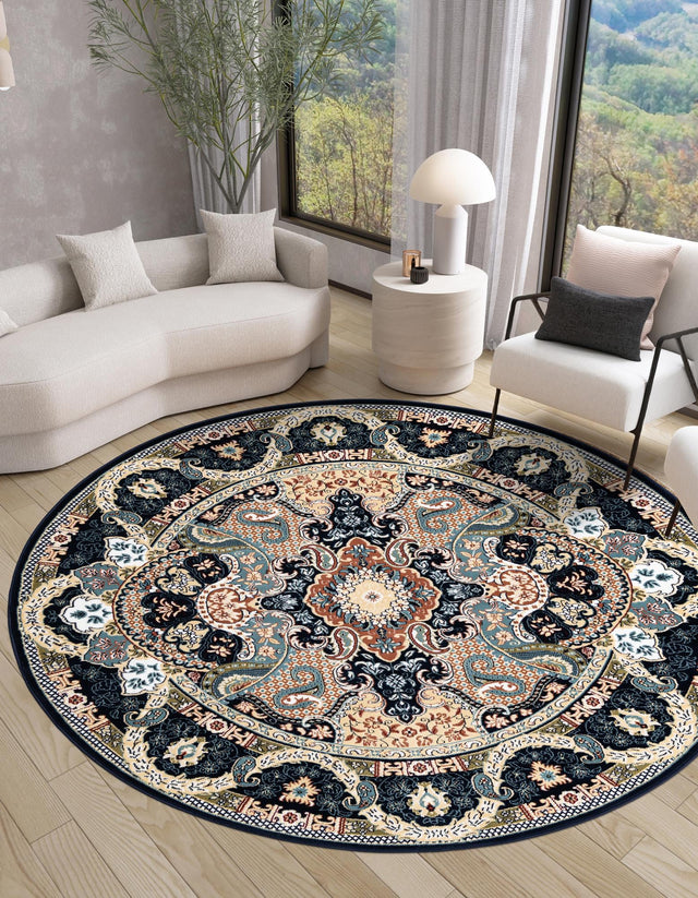 Navy Blue 7' 10 x 7' 10 Narenj Round Area Rug 85% Polypropylene & 15% Polyester Traditional Classic Carpet for Living, Dining, Bedrooms, Office for Sale at Rug Engine