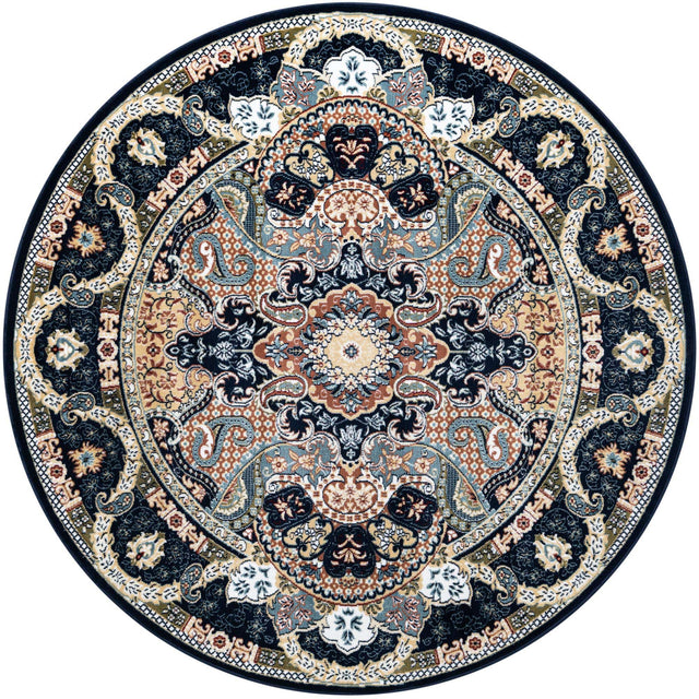 Navy Blue 5' 3 x 5' 3 Narenj Round Area Rug 85% Polypropylene & 15% Polyester Traditional Classic Carpet for Living, Dining, Bedrooms, Office for Sale at Rug Engine