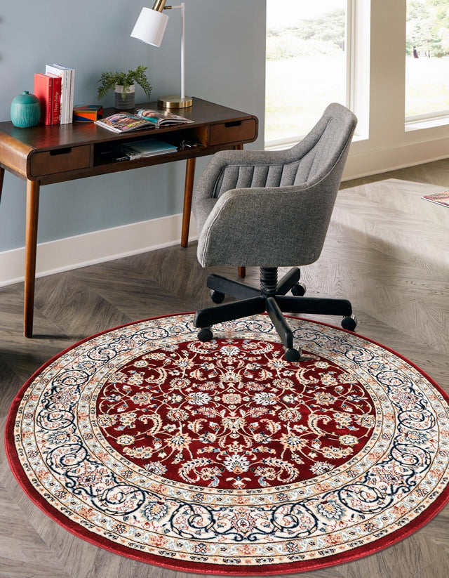 Burgundy 5' 3 x 5' 3 Narenj Round Area Rug 85% Polypropylene & 15% Polyester Traditional Classic Carpet for Living, Dining, Bedrooms, Office for Sale at Rug Engine