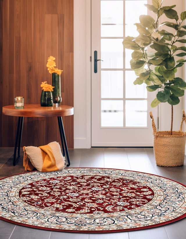 Burgundy 5' 3 x 5' 3 Narenj Round Area Rug 85% Polypropylene & 15% Polyester Traditional Classic Carpet for Living, Dining, Bedrooms, Office for Sale at Rug Engine