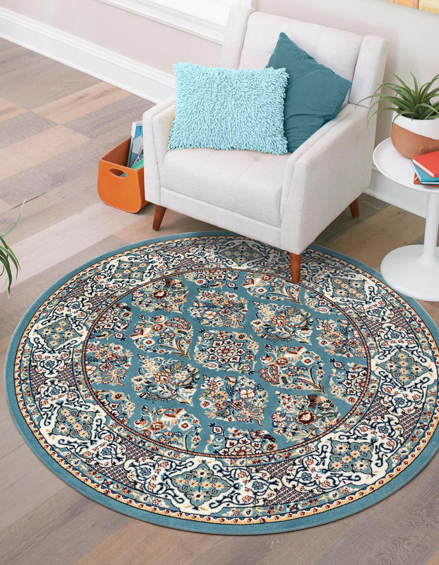 Blue 5' 3 x 5' 3 Narenj Round Area Rug 85% Polypropylene & 15% Polyester Traditional Classic Carpet for Living, Dining, Bedrooms, Office for Sale at Rug Engine