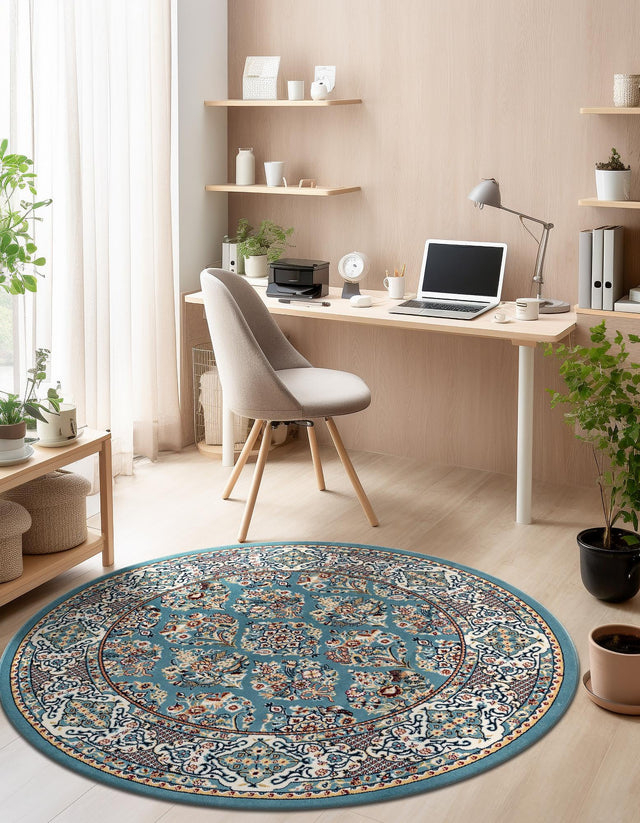 Blue 5' 3 x 5' 3 Narenj Round Area Rug 85% Polypropylene & 15% Polyester Traditional Classic Carpet for Living, Dining, Bedrooms, Office for Sale at Rug Engine