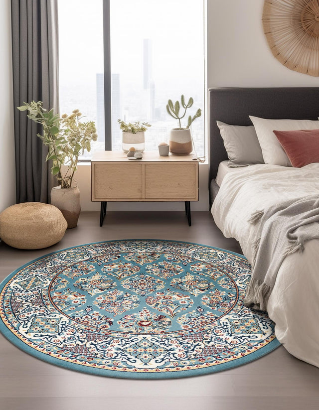 Blue 5' 3 x 5' 3 Narenj Round Area Rug 85% Polypropylene & 15% Polyester Traditional Classic Carpet for Living, Dining, Bedrooms, Office for Sale at Rug Engine