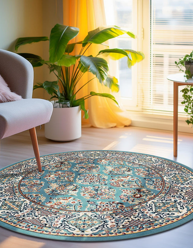 Blue 5' 3 x 5' 3 Narenj Round Area Rug 85% Polypropylene & 15% Polyester Traditional Classic Carpet for Living, Dining, Bedrooms, Office for Sale at Rug Engine