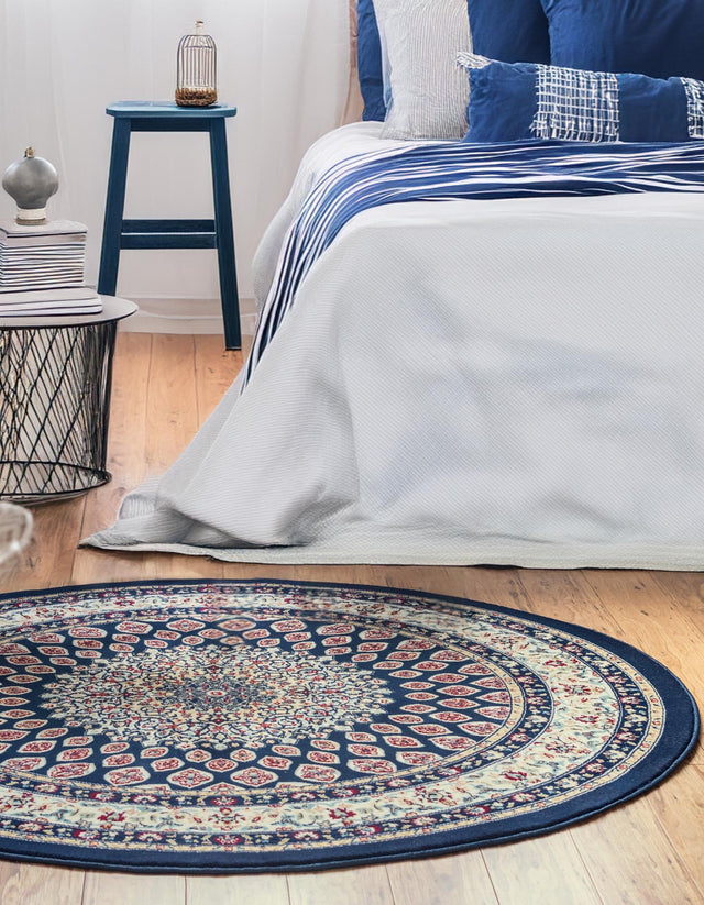 Navy Blue 5' 3 x 5' 3 Narenj Round Area Rug 85% Polypropylene & 15% Polyester Traditional Classic Carpet for Living, Dining, Bedrooms, Office for Sale at Rug Engine