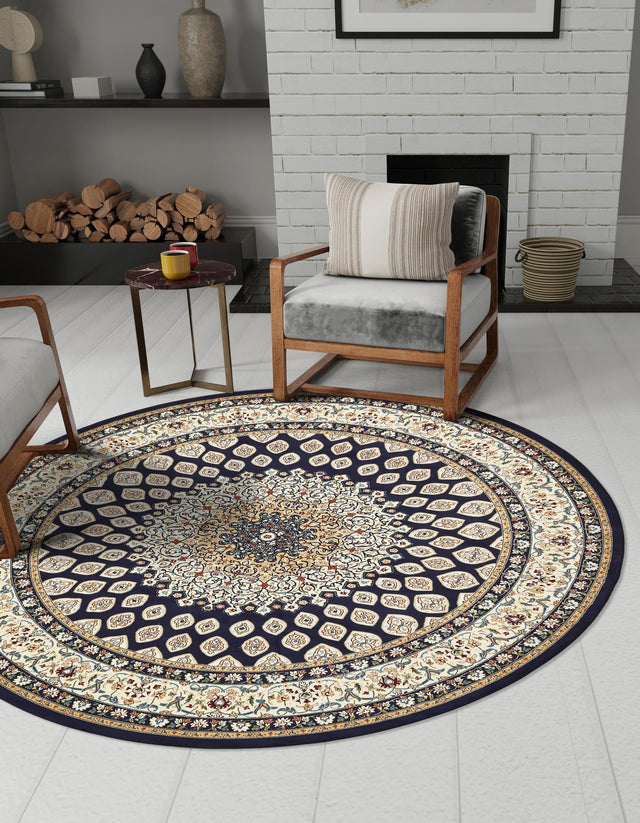 Navy Blue 5' 3 x 5' 3 Narenj Round Area Rug 85% Polypropylene & 15% Polyester Traditional Classic Carpet for Living, Dining, Bedrooms, Office for Sale at Rug Engine