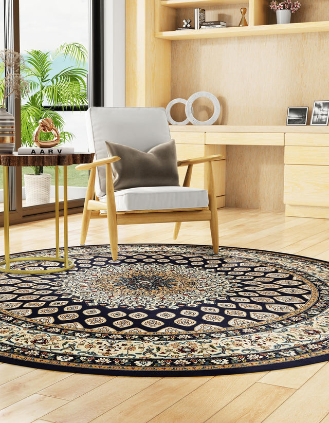 Navy Blue 5' 3 x 5' 3 Narenj Round Area Rug 85% Polypropylene & 15% Polyester Traditional Classic Carpet for Living, Dining, Bedrooms, Office for Sale at Rug Engine