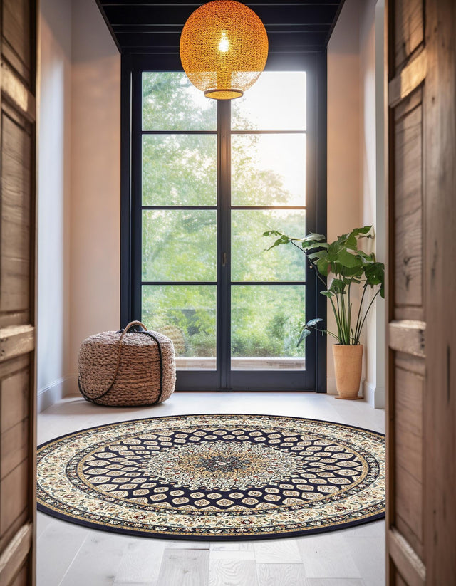 Navy Blue 5' 3 x 5' 3 Narenj Round Area Rug 85% Polypropylene & 15% Polyester Traditional Classic Carpet for Living, Dining, Bedrooms, Office for Sale at Rug Engine