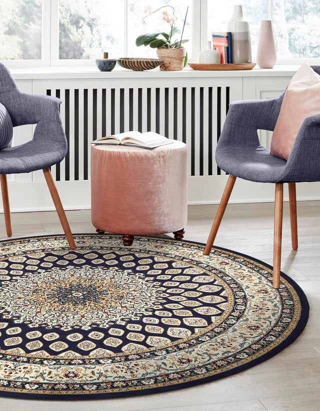 Navy Blue 5' 3 x 5' 3 Narenj Round Area Rug 85% Polypropylene & 15% Polyester Traditional Classic Carpet for Living, Dining, Bedrooms, Office for Sale at Rug Engine
