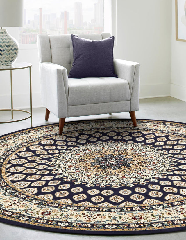 Navy Blue 5' 3 x 5' 3 Narenj Round Area Rug 85% Polypropylene & 15% Polyester Traditional Classic Carpet for Living, Dining, Bedrooms, Office for Sale at Rug Engine