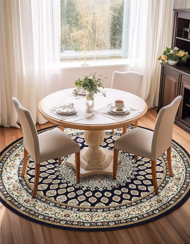 Navy Blue 5' 3 x 5' 3 Narenj Round Area Rug 85% Polypropylene & 15% Polyester Traditional Classic Carpet for Living, Dining, Bedrooms, Office for Sale at Rug Engine