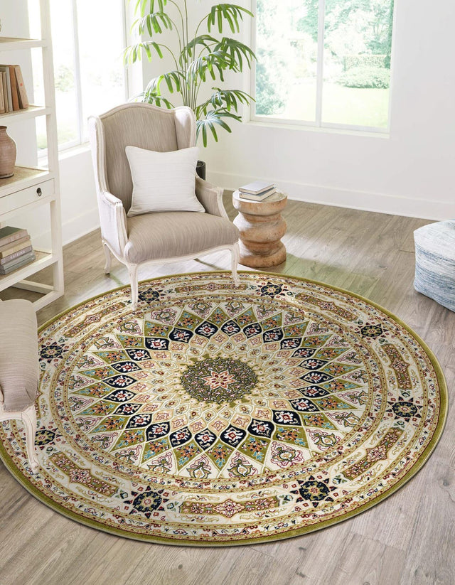 Green 10' x 10' Narenj Round Area Rug 85% Polypropylene & 15% Polyester Traditional Classic Carpet for Living, Dining, Bedrooms, Office for Sale at Rug Engine