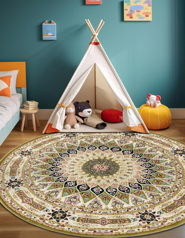 Green 10' x 10' Narenj Round Area Rug 85% Polypropylene & 15% Polyester Traditional Classic Carpet for Living, Dining, Bedrooms, Office for Sale at Rug Engine