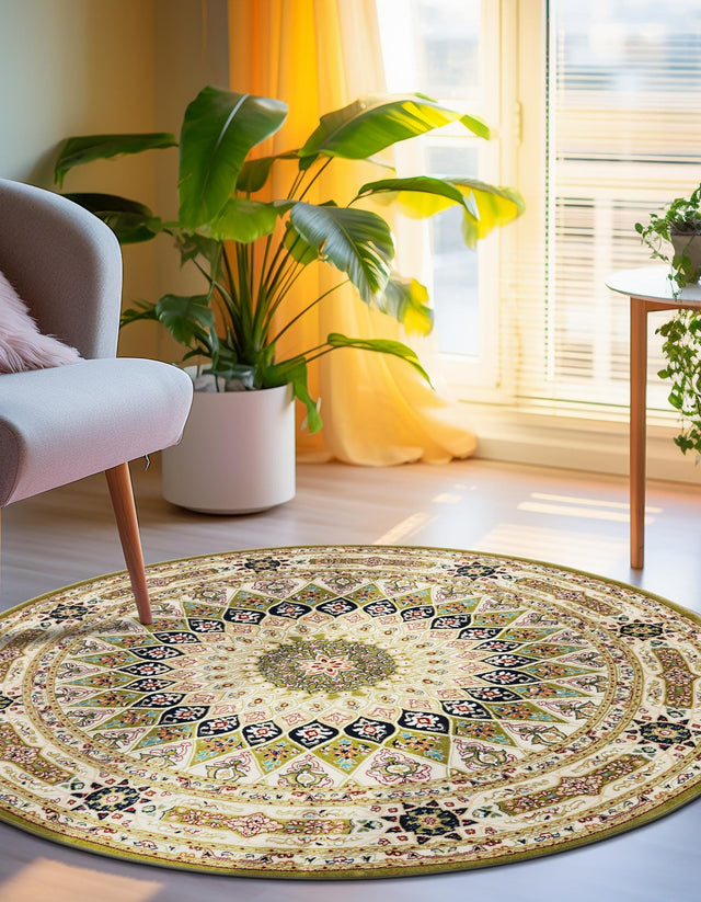 Green 10' x 10' Narenj Round Area Rug 85% Polypropylene & 15% Polyester Traditional Classic Carpet for Living, Dining, Bedrooms, Office for Sale at Rug Engine
