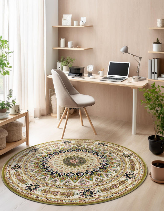 Green 10' x 10' Narenj Round Area Rug 85% Polypropylene & 15% Polyester Traditional Classic Carpet for Living, Dining, Bedrooms, Office for Sale at Rug Engine
