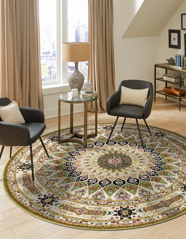 Green 10' x 10' Narenj Round Area Rug 85% Polypropylene & 15% Polyester Traditional Classic Carpet for Living, Dining, Bedrooms, Office for Sale at Rug Engine