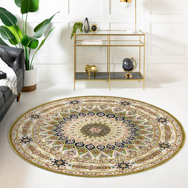Green 5' 3 x 5' 3 Narenj Round Area Rug 85% Polypropylene & 15% Polyester Traditional Classic Carpet for Living, Dining, Bedrooms, Office for Sale at Rug Engine