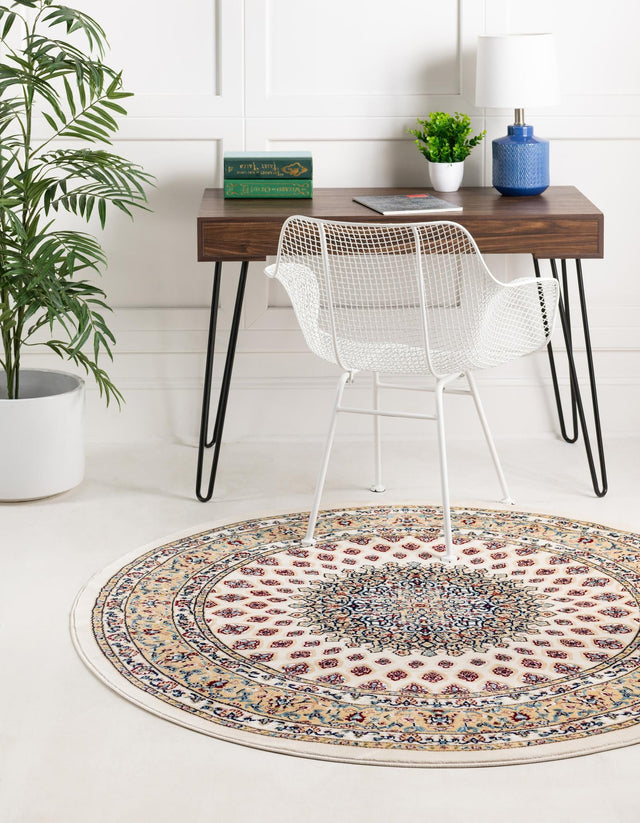 Ivory 5' 3 x 5' 3 Narenj Round Area Rug 85% Polypropylene & 15% Polyester Traditional Classic Carpet for Living, Dining, Bedrooms, Office for Sale at Rug Engine