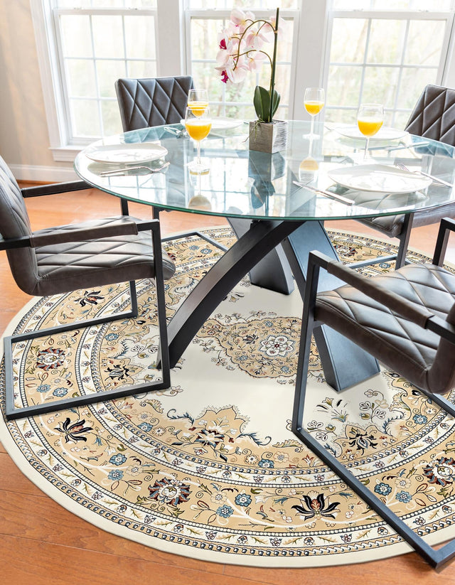 Cream 5' 3 x 5' 3 Narenj Round Area Rug 85% Polypropylene & 15% Polyester Traditional Classic Carpet for Living, Dining, Bedrooms, Office for Sale at Rug Engine