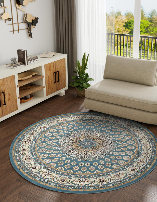 Blue 5' 3 x 5' 3 Narenj Round Area Rug 85% Polypropylene & 15% Polyester Traditional Classic Carpet for Living, Dining, Bedrooms, Office for Sale at Rug Engine