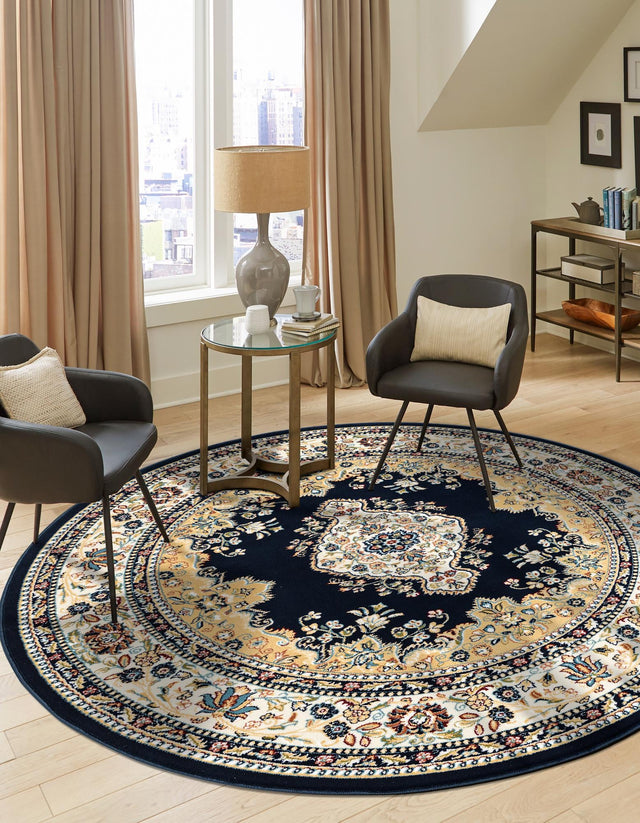 Navy Blue 5' 3 x 5' 3 Narenj Round Area Rug 85% Polypropylene & 15% Polyester Traditional Classic Carpet for Living, Dining, Bedrooms, Office for Sale at Rug Engine