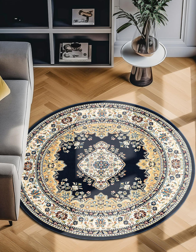 Navy Blue 5' 3 x 5' 3 Narenj Round Area Rug 85% Polypropylene & 15% Polyester Traditional Classic Carpet for Living, Dining, Bedrooms, Office for Sale at Rug Engine