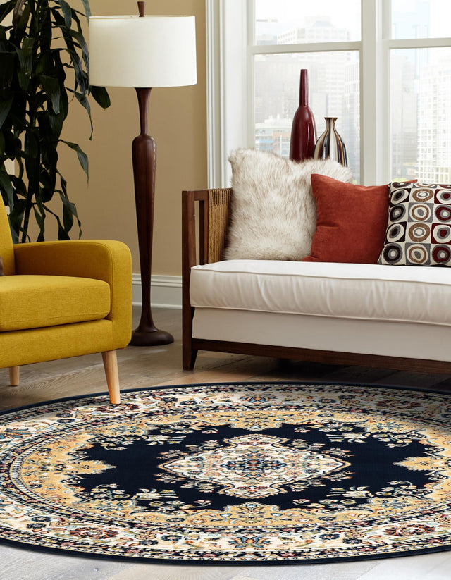 Navy Blue 5' 3 x 5' 3 Narenj Round Area Rug 85% Polypropylene & 15% Polyester Traditional Classic Carpet for Living, Dining, Bedrooms, Office for Sale at Rug Engine