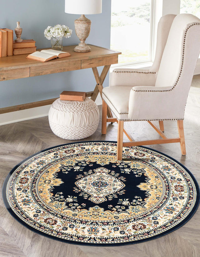 Navy Blue 5' 3 x 5' 3 Narenj Round Area Rug 85% Polypropylene & 15% Polyester Traditional Classic Carpet for Living, Dining, Bedrooms, Office for Sale at Rug Engine