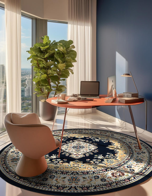 Navy Blue 5' 3 x 5' 3 Narenj Round Area Rug 85% Polypropylene & 15% Polyester Traditional Classic Carpet for Living, Dining, Bedrooms, Office for Sale at Rug Engine