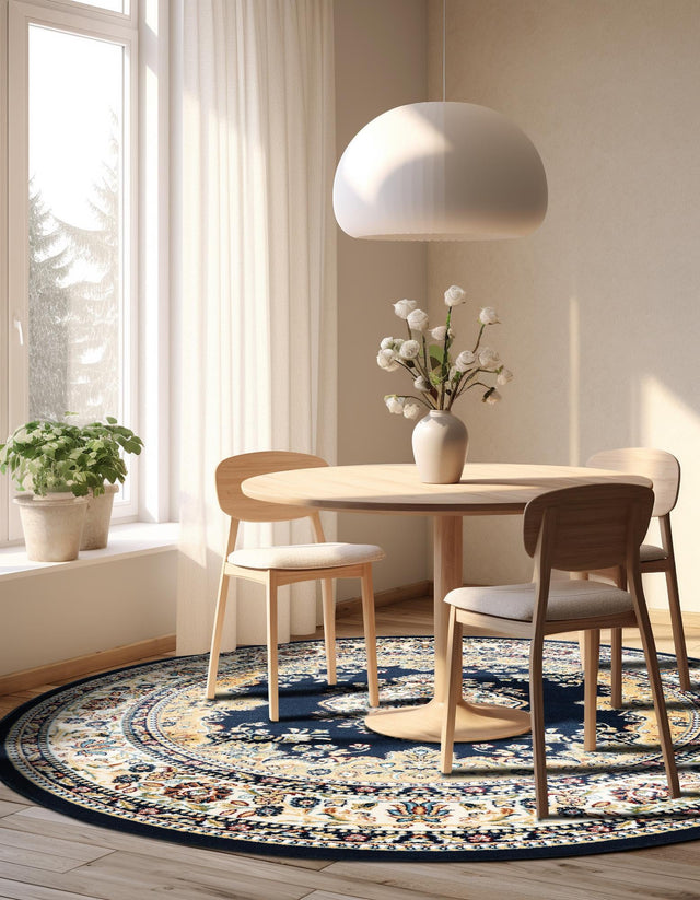 Navy Blue 10' x 10' Narenj Round Area Rug 85% Polypropylene & 15% Polyester Traditional Classic Carpet for Living, Dining, Bedrooms, Office for Sale at Rug Engine