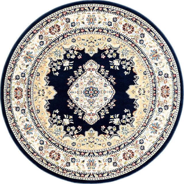 Navy Blue 5' 3 x 5' 3 Narenj Round Area Rug 85% Polypropylene & 15% Polyester Traditional Classic Carpet for Living, Dining, Bedrooms, Office for Sale at Rug Engine