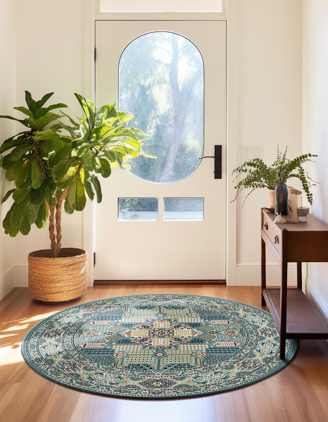 Blue 5' 1 x 5' 1 Narenj Round Area Rug 85% Polypropylene & 15% Polyester Traditional Classic Carpet for Living, Dining, Bedrooms, Office for Sale at Rug Engine