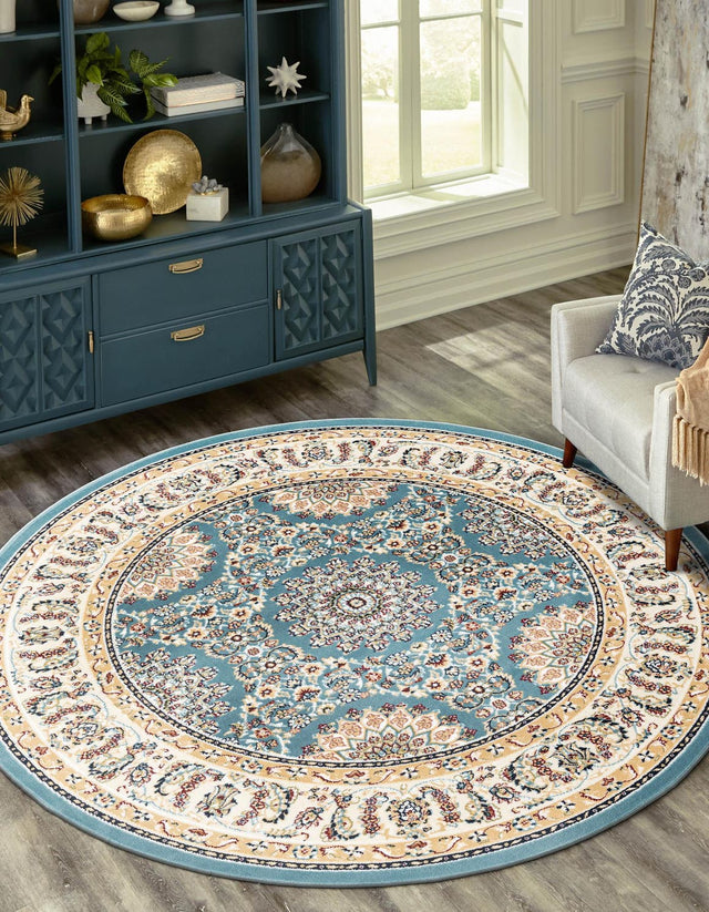 Blue 5' 3 x 5' 3 Narenj Round Area Rug 85% Polypropylene & 15% Polyester Traditional Classic Carpet for Living, Dining, Bedrooms, Office for Sale at Rug Engine